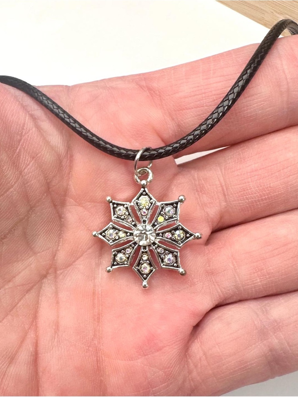 Kids Silver Snowflake Pendant Necklace with Black Cord